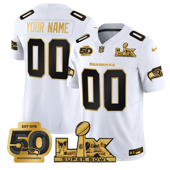 Men's Seattle Seahawks Active Player Custom White Gold 2025 F.U.S.E. Super Bowl LX Patch And 50th Season Patch Vapor Limited Stitched Football Jersey